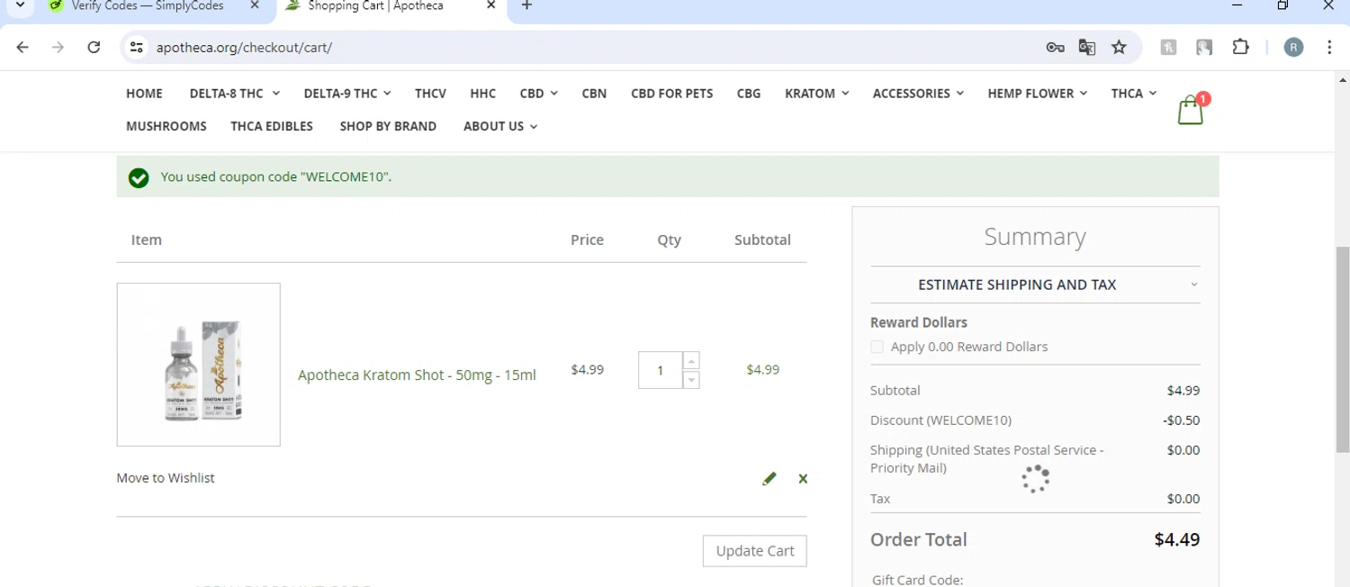 Apotheca checkout page showing Apotheca discount code box | Screenshot taken by SimplyCodes community member on Aug 13, 2024