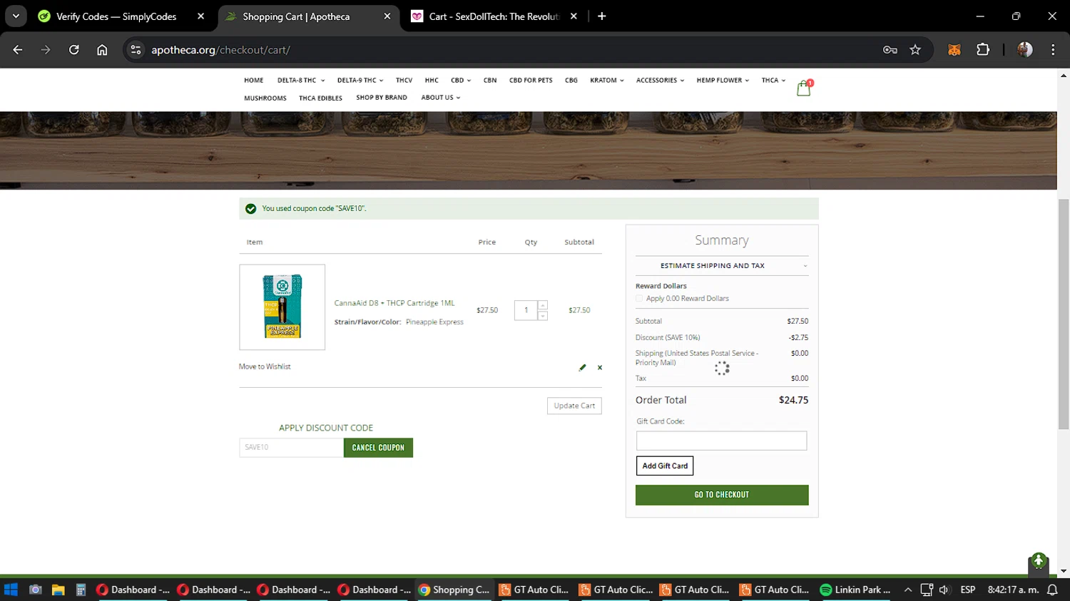 Apotheca checkout page showing Apotheca discount code box | Screenshot taken by SimplyCodes community member on Aug 24, 2024