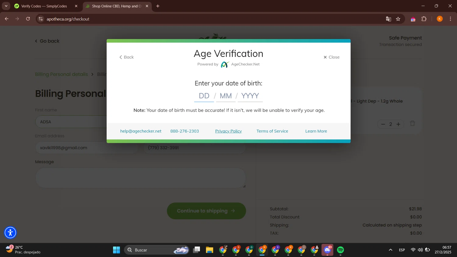 Apotheca discount code screenshot showing code SAVE10 applied at Apotheca checkout page. Uploaded by SimplyCodes community member BonusCurator3058 on Feb 27, 2025