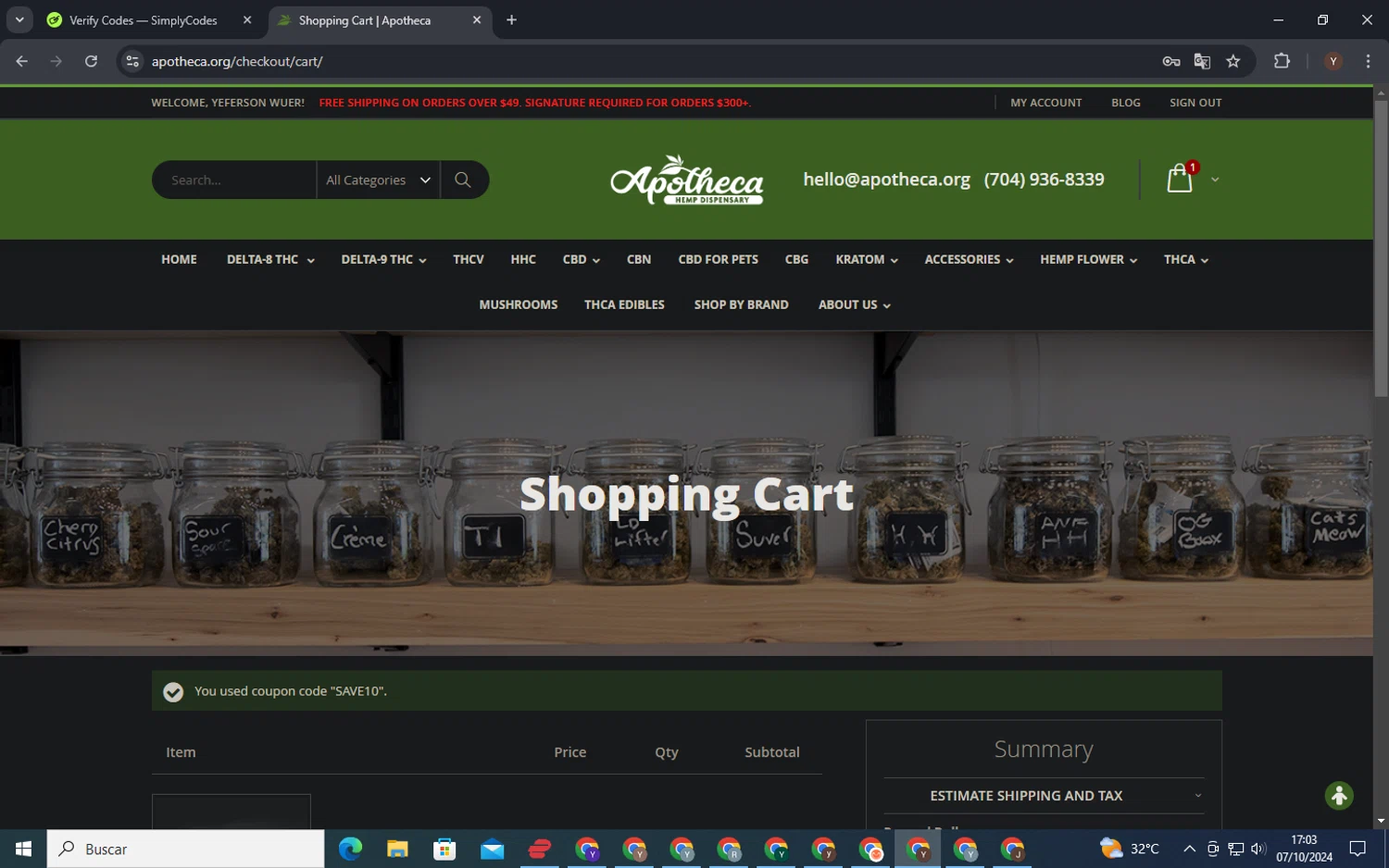 Apotheca checkout page showing Apotheca discount code box | Screenshot taken by SimplyCodes community member on Oct 7, 2024
