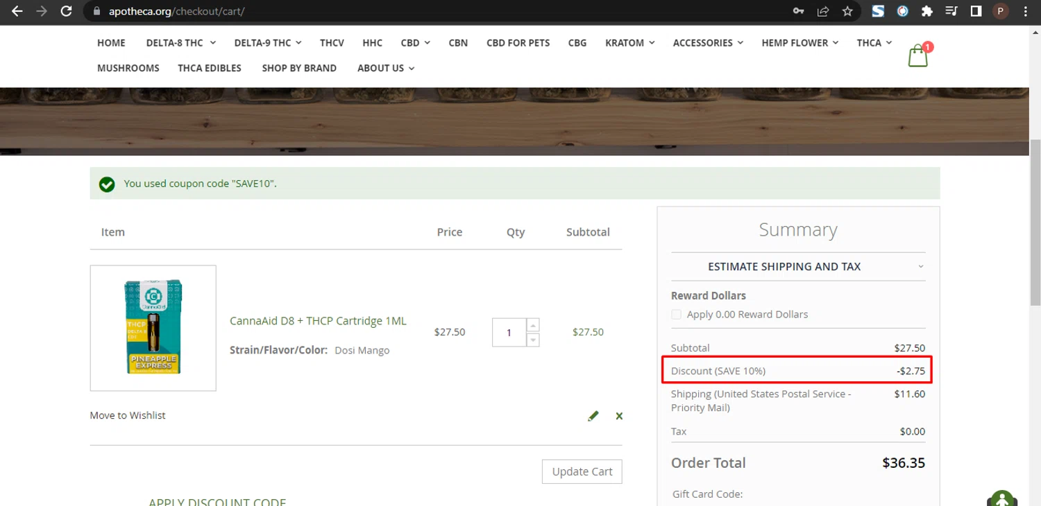 Apotheca checkout page showing Apotheca discount code box | Screenshot taken by SimplyCodes community member on Sep 22, 2024
