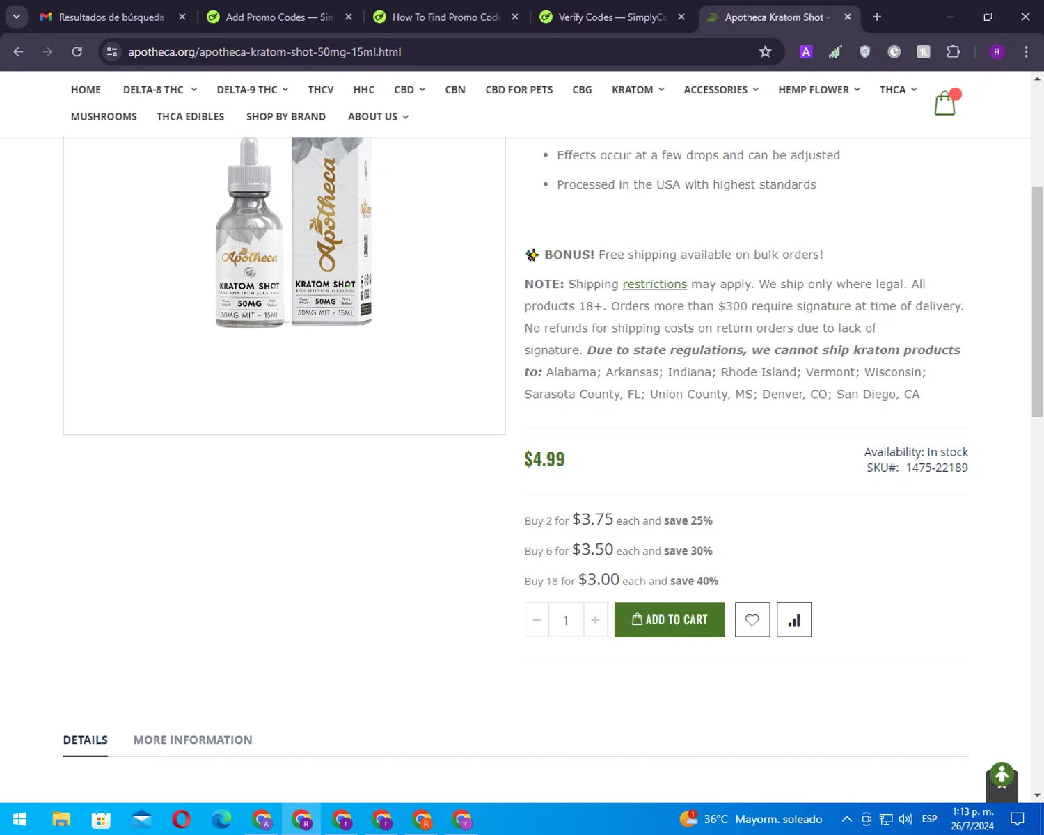 Apotheca checkout page showing Apotheca discount code box | Screenshot taken by SimplyCodes community member on Jul 26, 2024