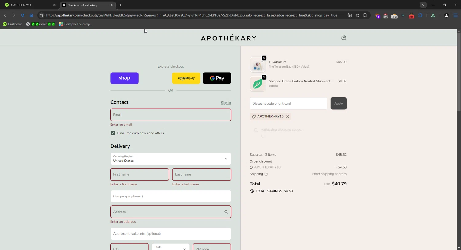 Apothékary checkout page showing Apothékary promo code box | Screenshot taken by SimplyCodes community member on Jan 7, 2026