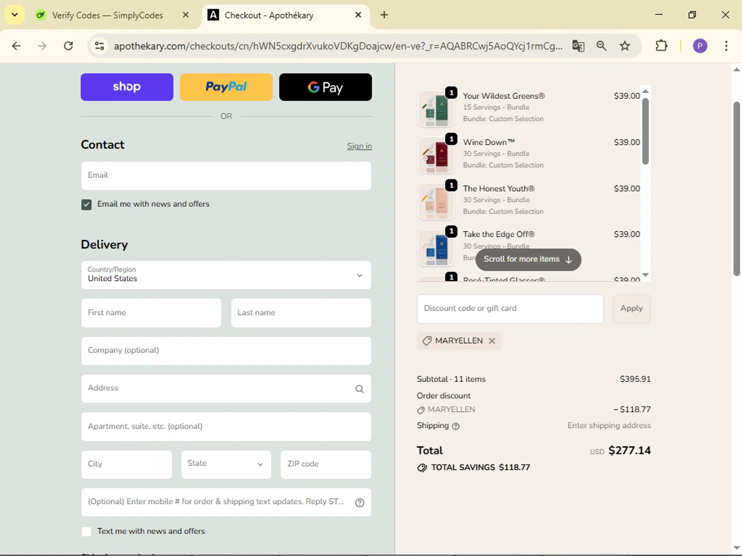 Apothékary promo code screenshot showing code MARYELLEN applied at Apothékary checkout page. Uploaded by SimplyCodes community member FortunateLion8466 on Nov 23, 2025