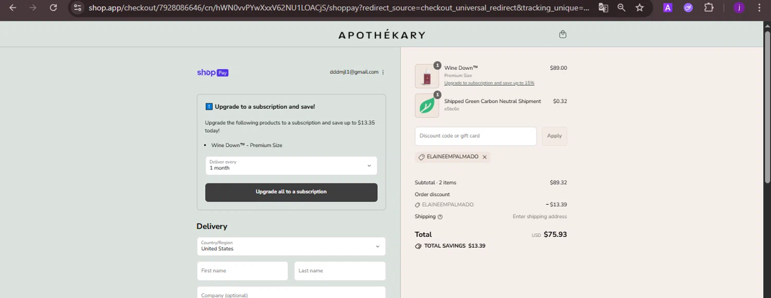 Apothékary promo code screenshot showing code Elaineempalmado applied at Apothékary checkout page. Uploaded by SimplyCodes community member CoinMaverick1452 on Jul 22, 2025