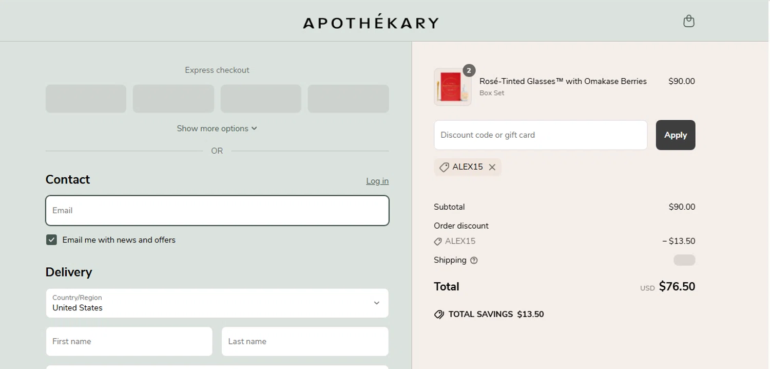 Apothékary promo code screenshot showing code alex15 applied at Apothékary checkout page. Uploaded by SimplyCodes community member shark12 on May 2, 2025