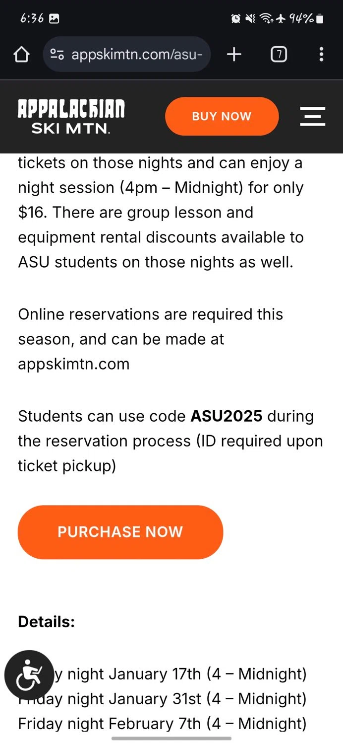 Appalachian Ski Mtn promo code screenshot showing code ASU2025 applied at Appalachian Ski Mtn checkout page. Uploaded by SimplyCodes community member gerardlaya on Mar 4, 2025