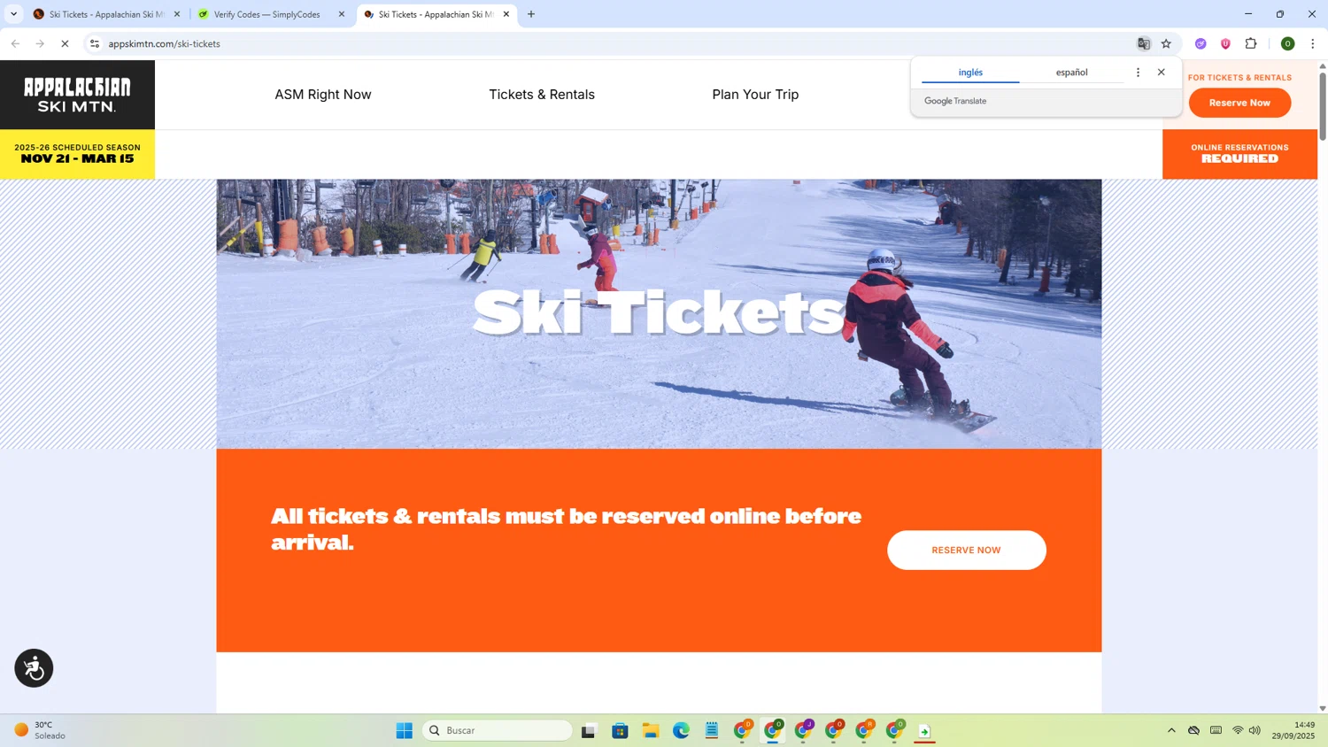 Appalachian Ski Mtn promo code screenshot showing code SNOWDAY2025 applied at Appalachian Ski Mtn checkout page. Uploaded by SimplyCodes community member BargainGenius8125 on Sep 29, 2025