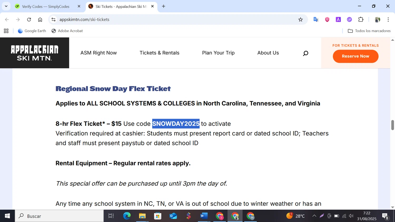 Appalachian Ski Mtn checkout page showing Appalachian Ski Mtn promo code box | Screenshot taken by SimplyCodes community member on Aug 31, 2025