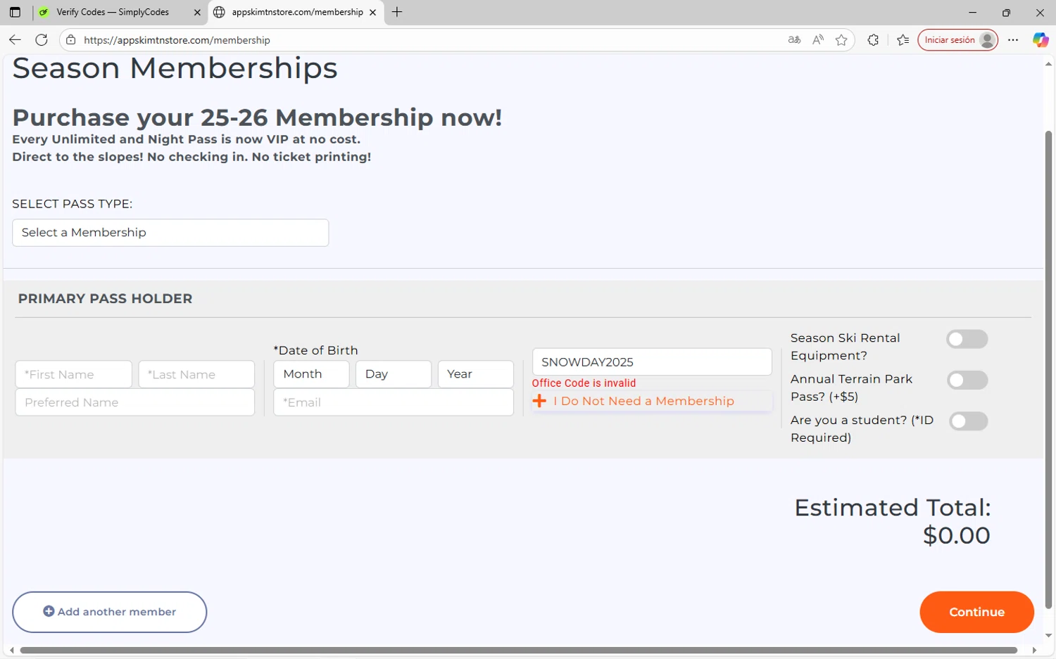 Appalachian Ski Mtn promo code screenshot showing code SNOWDAY2025 applied at Appalachian Ski Mtn checkout page. Uploaded by SimplyCodes community member SavvyWizard7346 on Sep 29, 2025