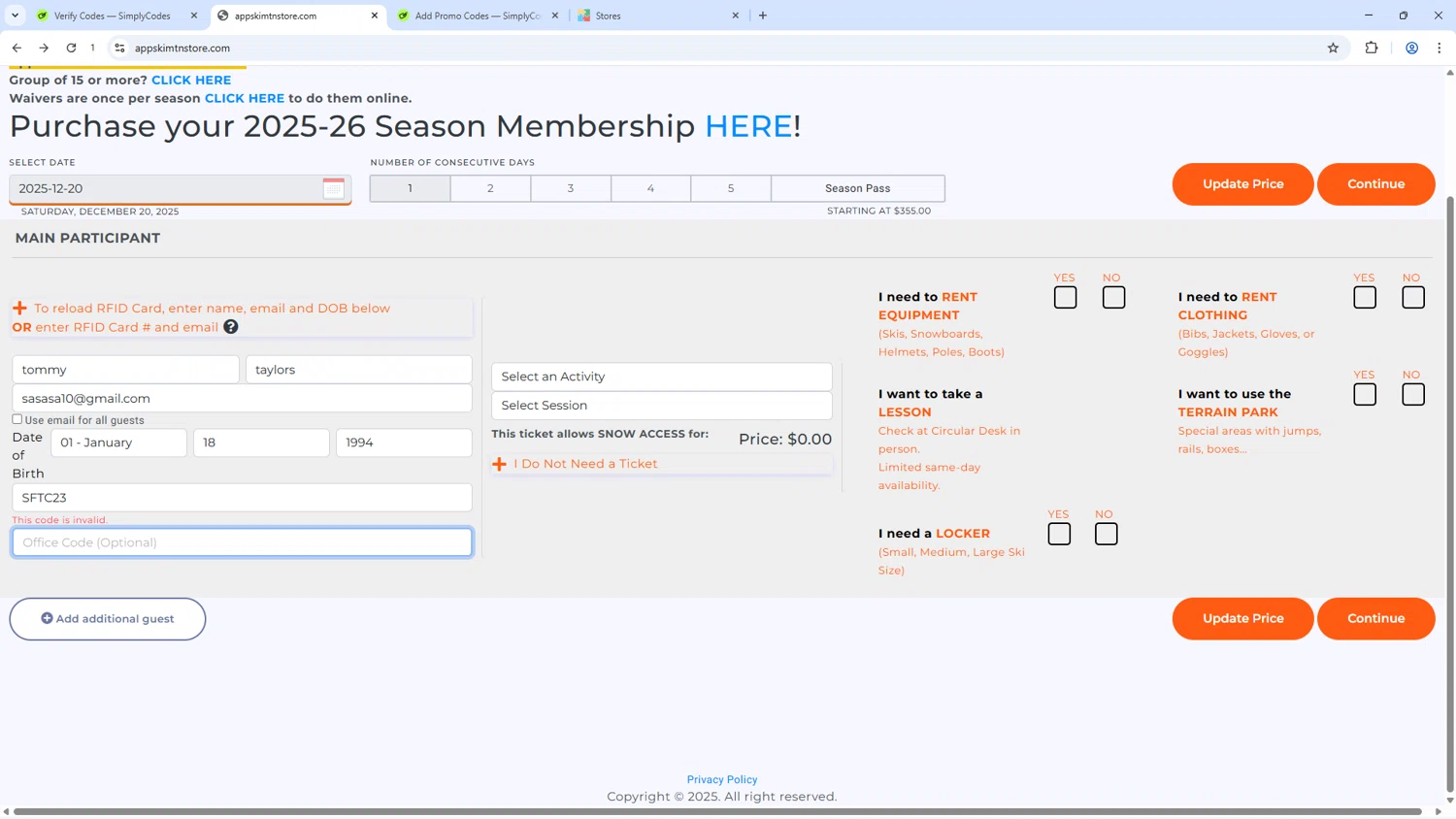 Appalachian Ski Mtn promo code screenshot showing code SFTC23 applied at Appalachian Ski Mtn checkout page. Uploaded by SimplyCodes community member Dizlike on Dec 20, 2025
