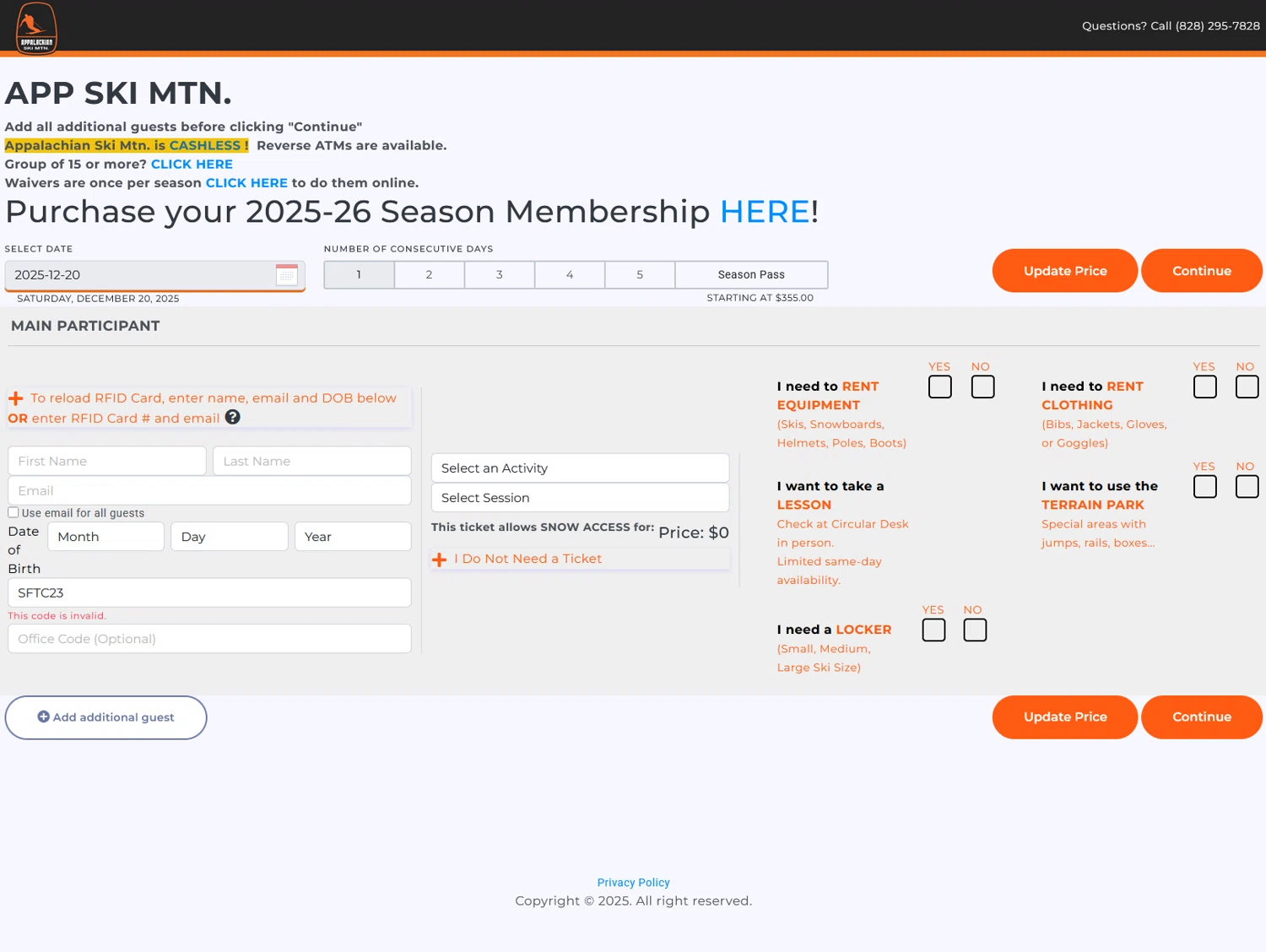 Appalachian Ski Mtn promo code screenshot showing code SFTC23 applied at Appalachian Ski Mtn checkout page. Uploaded by SimplyCodes community member bluemoony on Dec 20, 2025