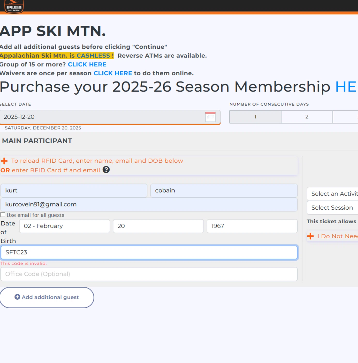 Appalachian Ski Mtn promo code screenshot showing code SFTC23 applied at Appalachian Ski Mtn checkout page. Uploaded by SimplyCodes community member leonardocamacho2 on Dec 20, 2025
