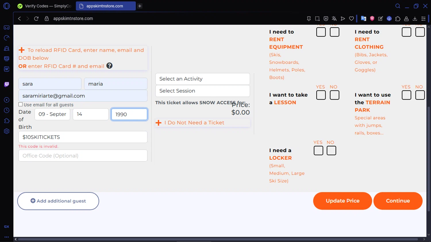 Appalachian Ski Mtn promo code screenshot showing code $10SKITICKETS applied at Appalachian Ski Mtn checkout page. Uploaded by SimplyCodes community member ACIDOSULFURICO on Dec 6, 2025