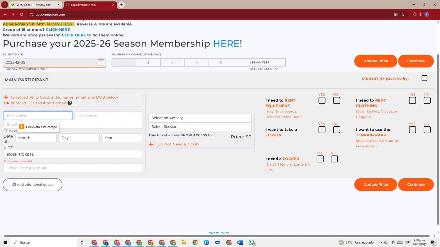 Appalachian Ski Mtn promo code screenshot showing code $10SKITICKETS applied at Appalachian Ski Mtn checkout page. Uploaded by SimplyCodes community member TokenSentinel5304 on Dec 6, 2025