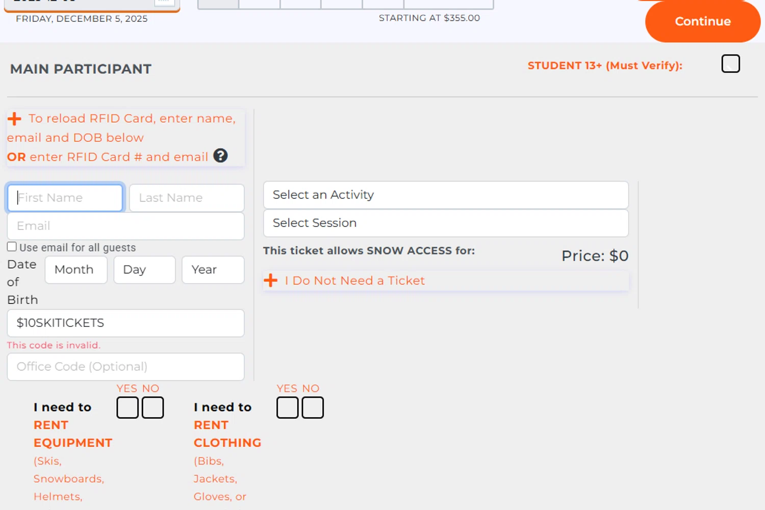 Appalachian Ski Mtn promo code screenshot showing code $10SKITICKETS applied at Appalachian Ski Mtn checkout page. Uploaded by SimplyCodes community member lunita on Dec 6, 2025