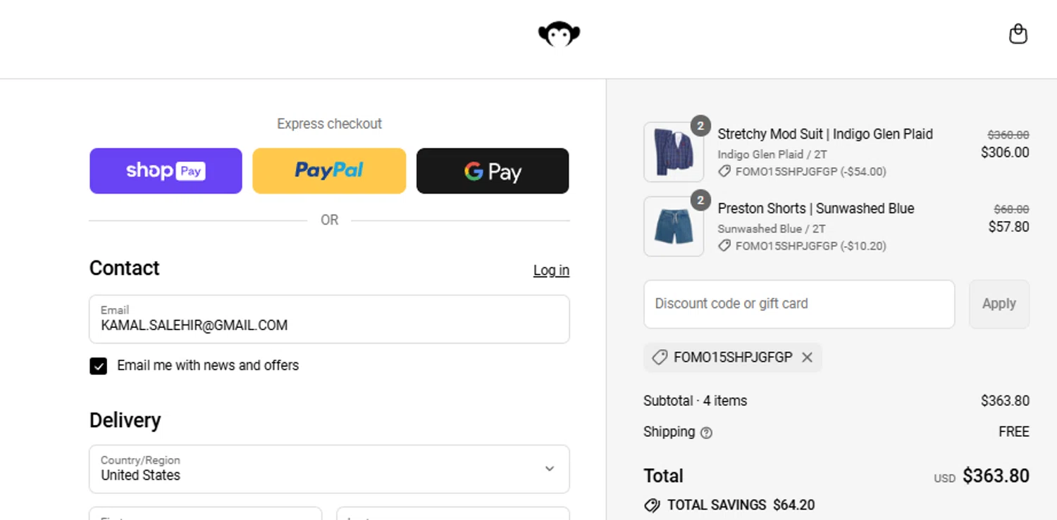 Appaman coupon code screenshot showing code FOMO15SHPJGFGP applied at Appaman checkout page. Uploaded by SimplyCodes community member ______ on Jul 12, 2025