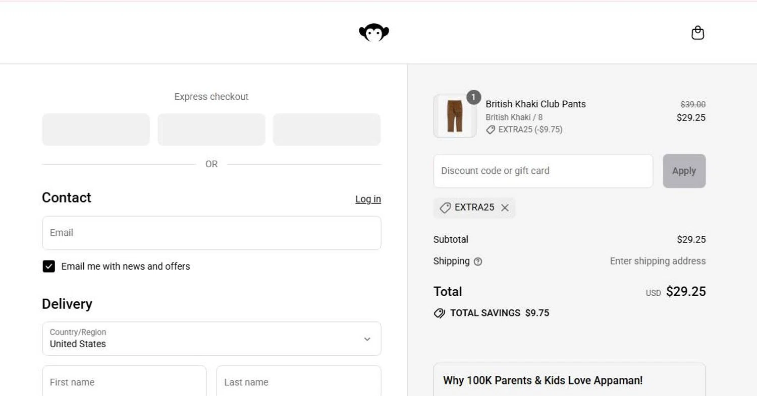 Appaman coupon code screenshot showing code EXTRA25 applied at Appaman checkout page. Uploaded by SimplyCodes community member 6d796e616d656973 on Aug 29, 2025