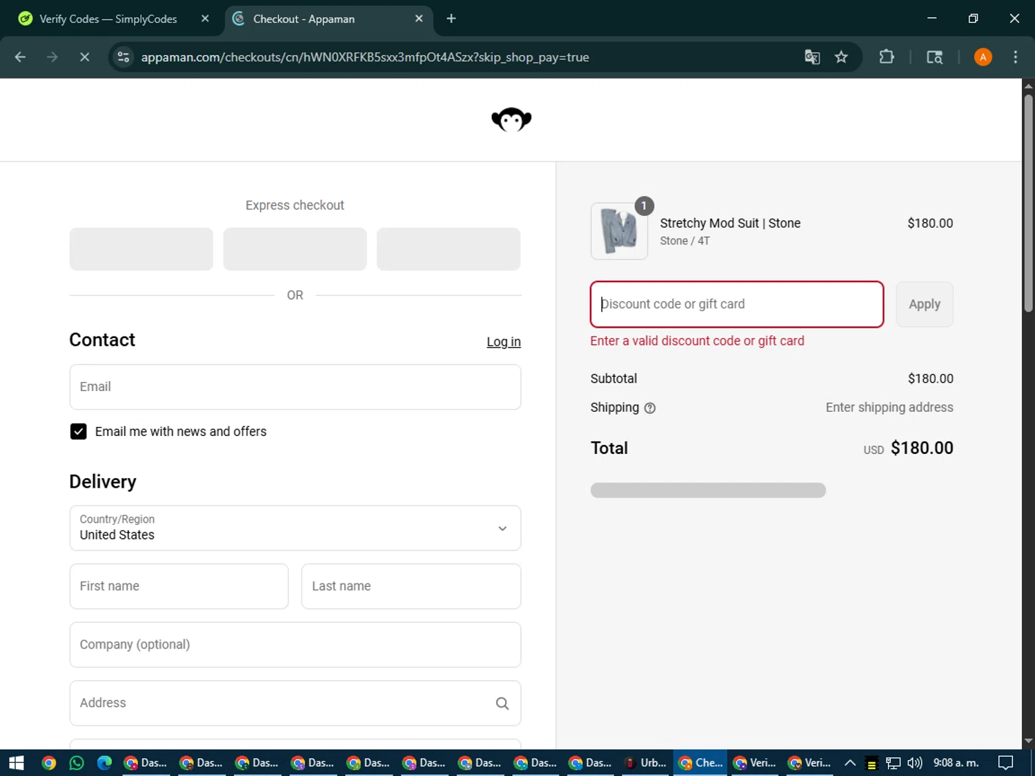 Appaman coupon code screenshot showing code usa25 applied at Appaman checkout page. Uploaded by SimplyCodes community member MoneyPhoenix4664 on Jul 12, 2025