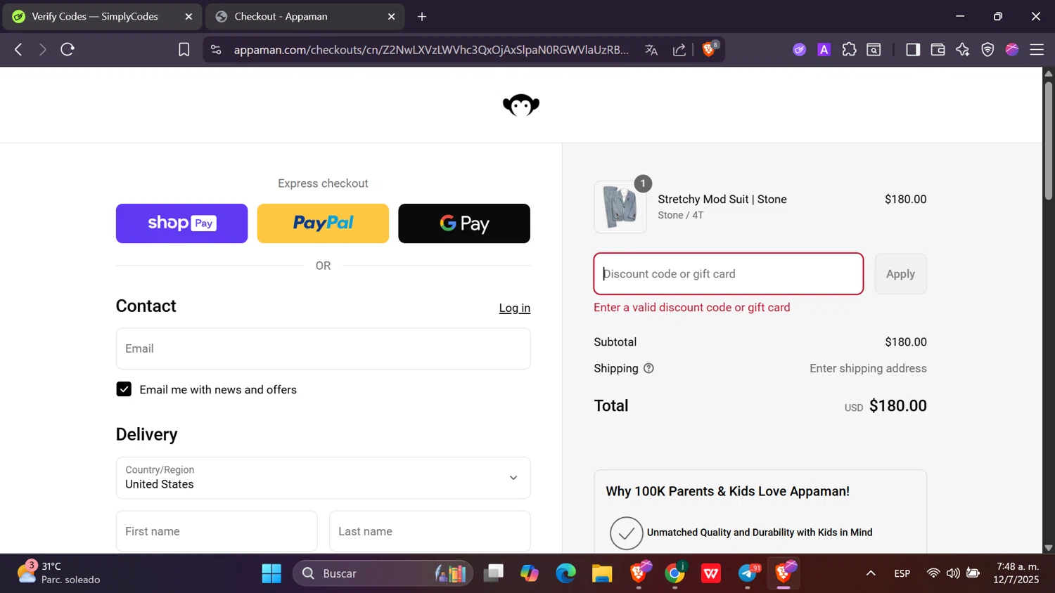 Appaman coupon code screenshot showing code usa25 applied at Appaman checkout page. Uploaded by SimplyCodes community member Toji_fushiguro on Jul 12, 2025
