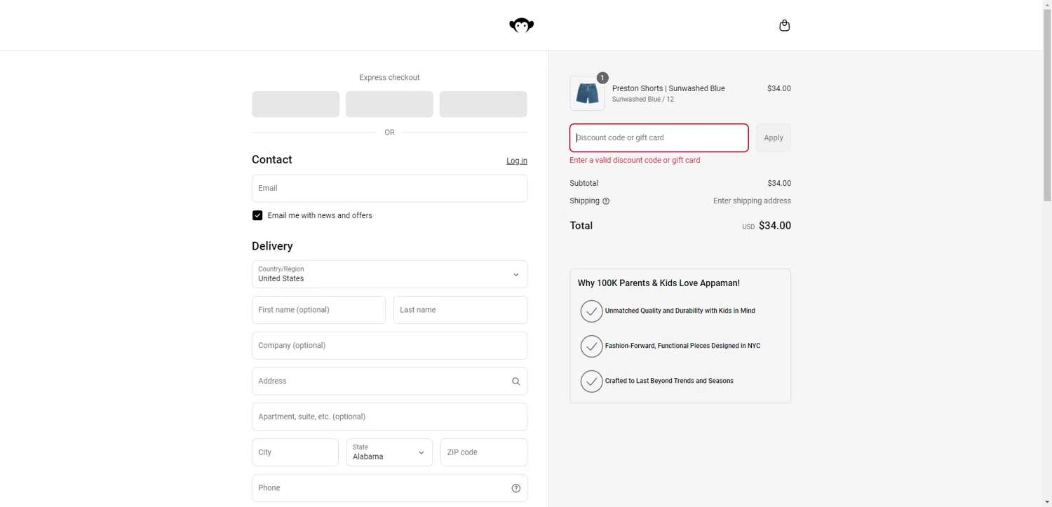 Appaman coupon code screenshot showing code FOMO158NRKBMQL applied at Appaman checkout page. Uploaded by SimplyCodes community member ValiantAce1810 on Jun 30, 2025