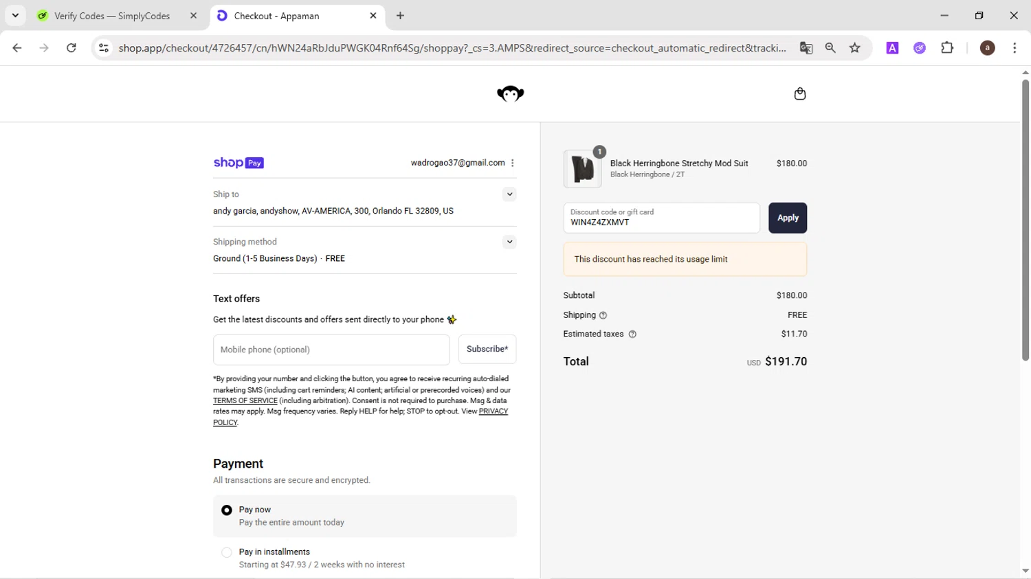 Appaman coupon code screenshot showing code WIN4Z4ZXMVT applied at Appaman checkout page. Uploaded by SimplyCodes community member CodeMaverick246 on Aug 21, 2025