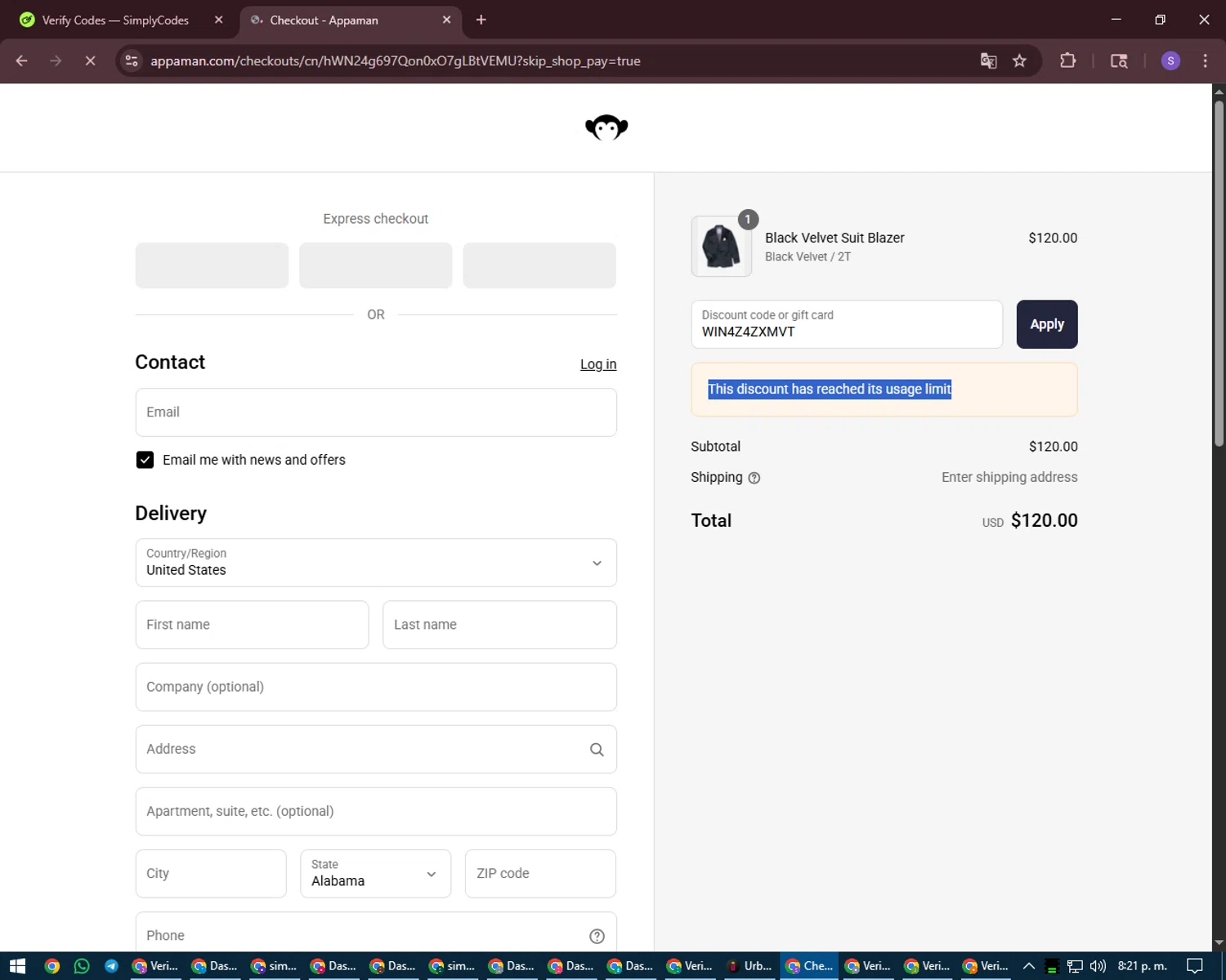 Appaman coupon code screenshot showing code WIN4Z4ZXMVT applied at Appaman checkout page. Uploaded by SimplyCodes community member LuckyVoyager688 on Aug 22, 2025