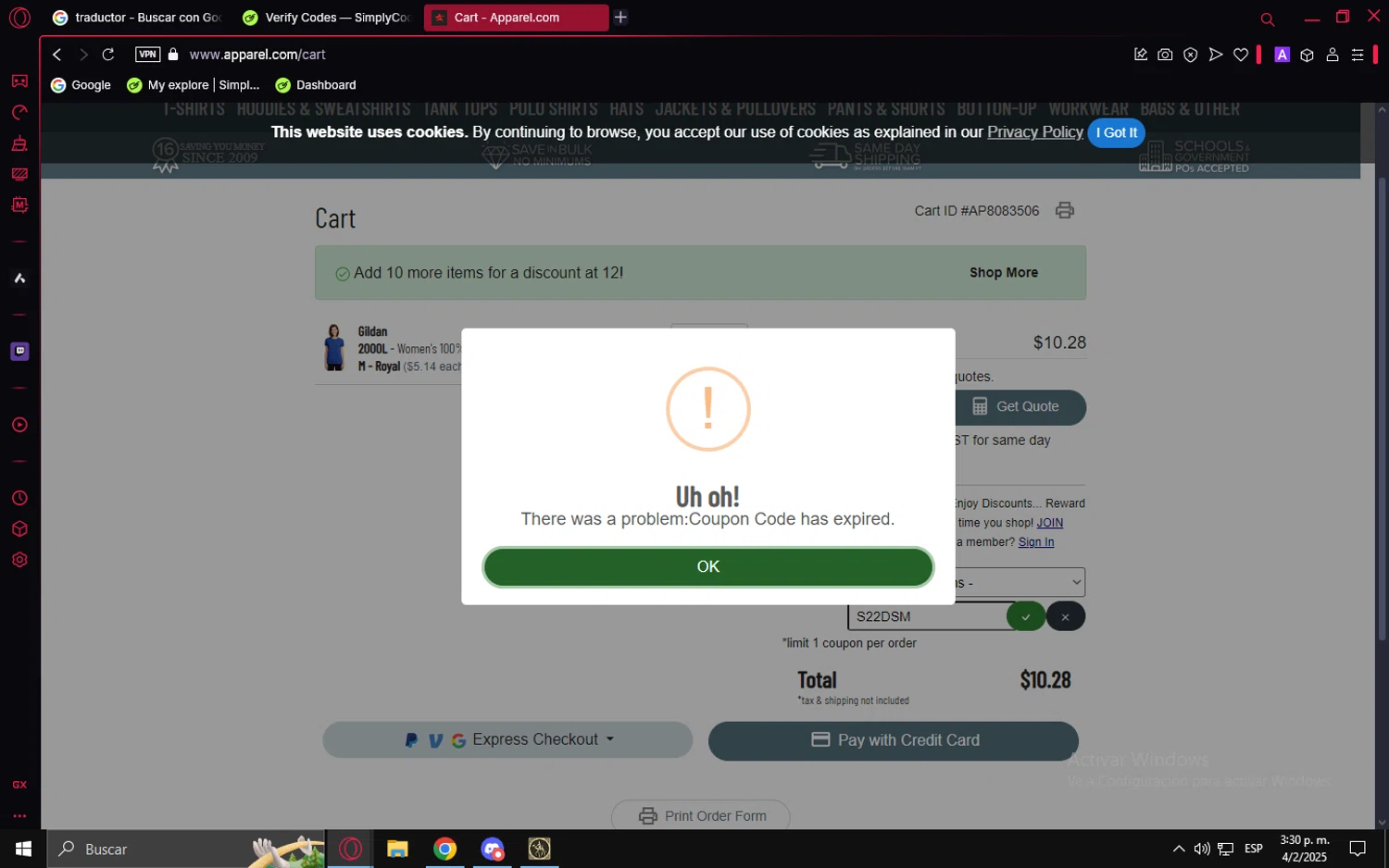 Apparel discount code screenshot showing code S22DSM applied at Apparel checkout page. Uploaded by SimplyCodes community member LuckyVoyager5522 on Feb 4, 2025