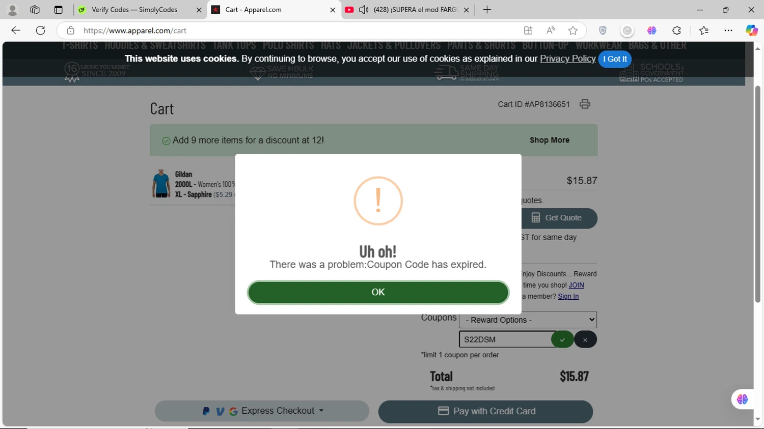 Apparel discount code screenshot showing code S22DSM applied at Apparel checkout page. Uploaded by SimplyCodes community member MagnificentVirtuoso8433 on Mar 10, 2025