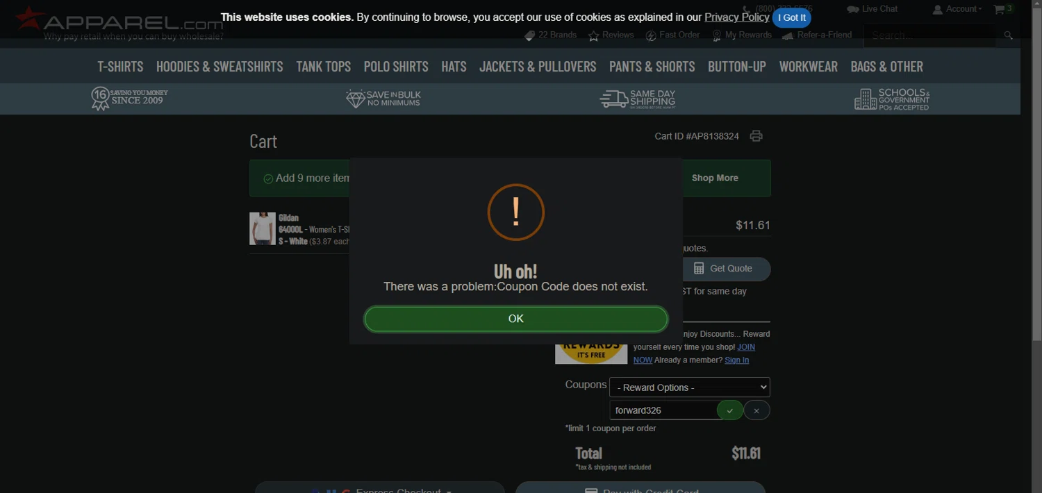 Apparel discount code screenshot showing code forward326 applied at Apparel checkout page. Uploaded by SimplyCodes community member Nor_man on Mar 10, 2025