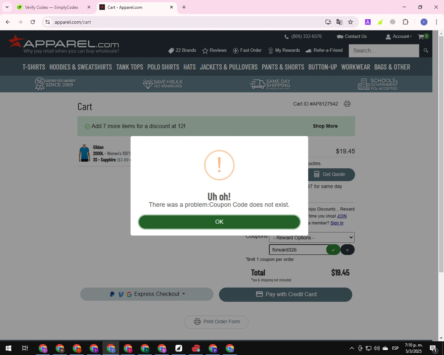 Apparel discount code screenshot showing code forward326 applied at Apparel checkout page. Uploaded by SimplyCodes community member EpicCurator4666 on Mar 5, 2025