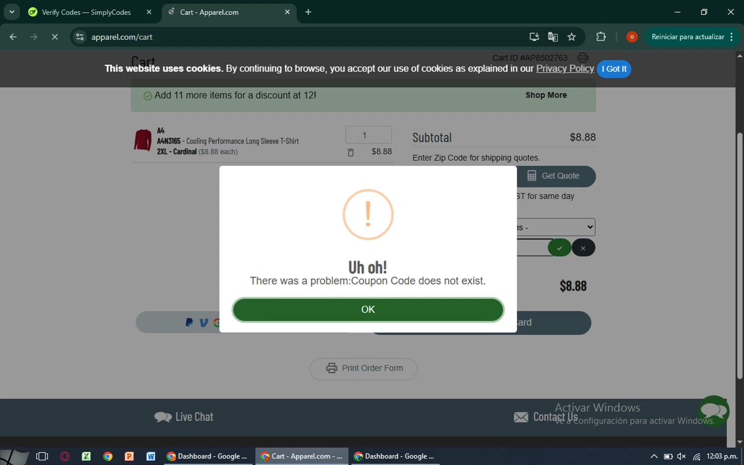 Apparel discount code screenshot showing code JWEBBY10 applied at Apparel checkout page. Uploaded by SimplyCodes community member CashAdmiral6490 on Oct 3, 2025