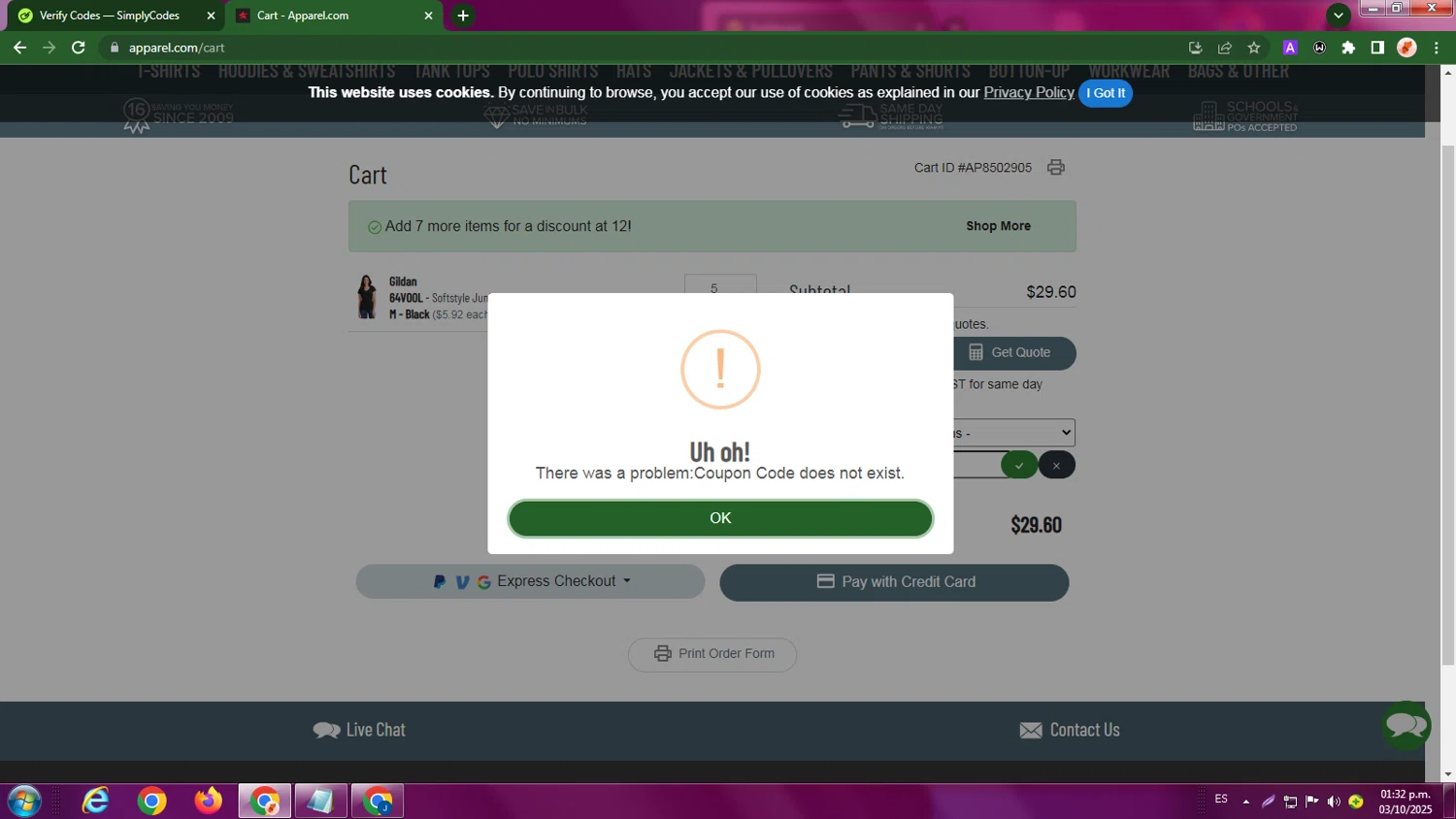 Apparel discount code screenshot showing code JWEBBY10 applied at Apparel checkout page. Uploaded by SimplyCodes community member LegendaryBoss7060 on Oct 3, 2025