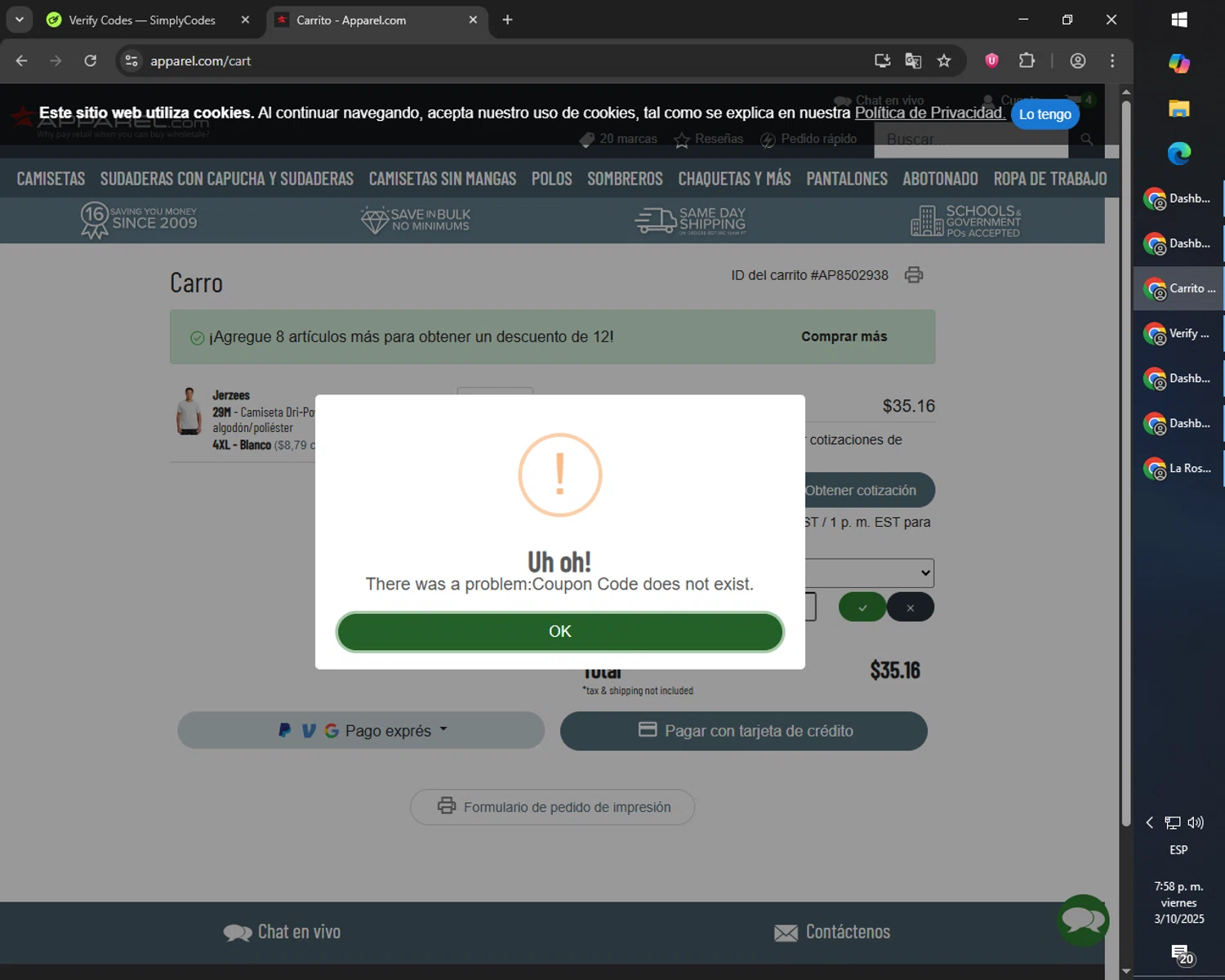 Apparel discount code screenshot showing code JWEBBY10 applied at Apparel checkout page. Uploaded by SimplyCodes community member MoneyPilot9165 on Oct 3, 2025