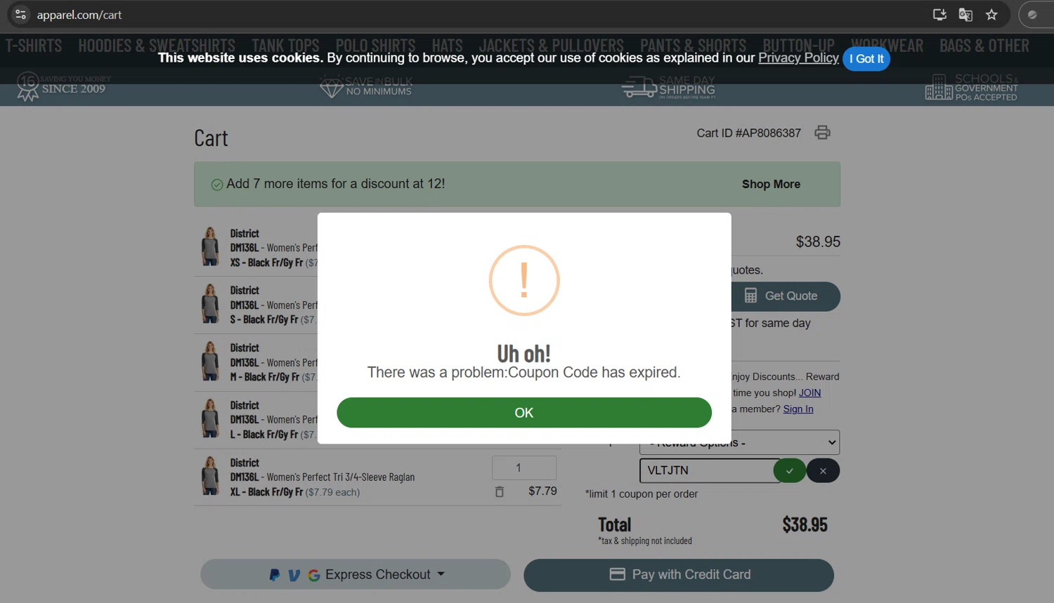 Apparel discount code screenshot showing code VLTJTN applied at Apparel checkout page. Uploaded by SimplyCodes community member Gray_75 on Feb 6, 2025