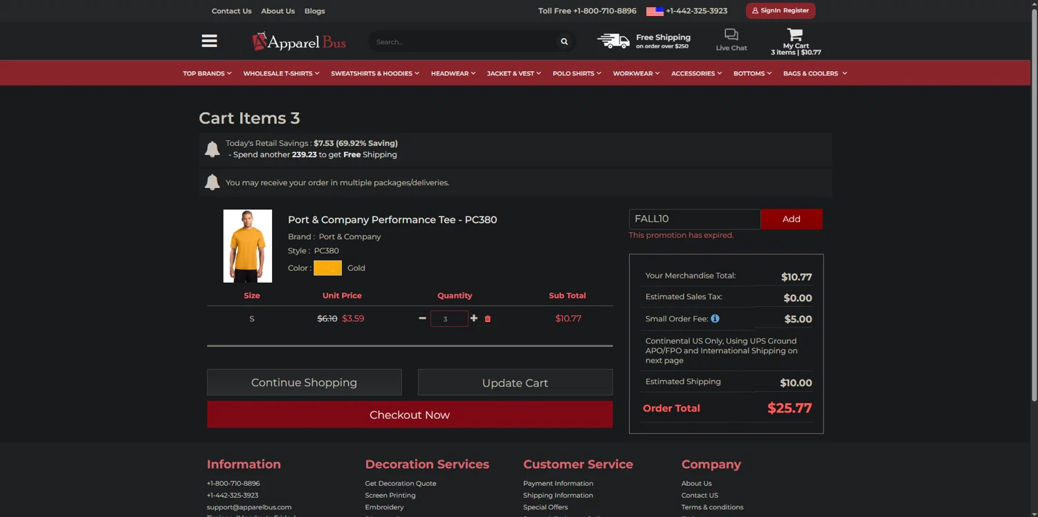 Apparelbus discount code screenshot showing code FALL10 applied at Apparelbus checkout page. Uploaded by SimplyCodes community member CodeRanger4147 on Dec 16, 2025