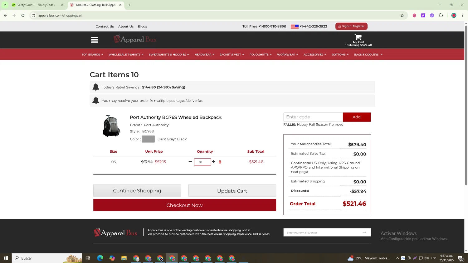 Apparelbus discount code screenshot showing code FALL10 applied at Apparelbus checkout page. Uploaded by SimplyCodes community member Joseph_Davis on Nov 25, 2025
