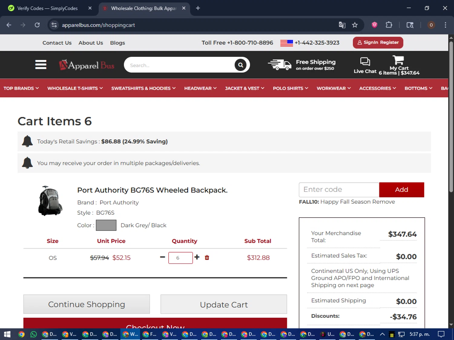 Apparelbus discount code screenshot showing code FALL10 applied at Apparelbus checkout page. Uploaded by SimplyCodes community member Legendar on Oct 27, 2025