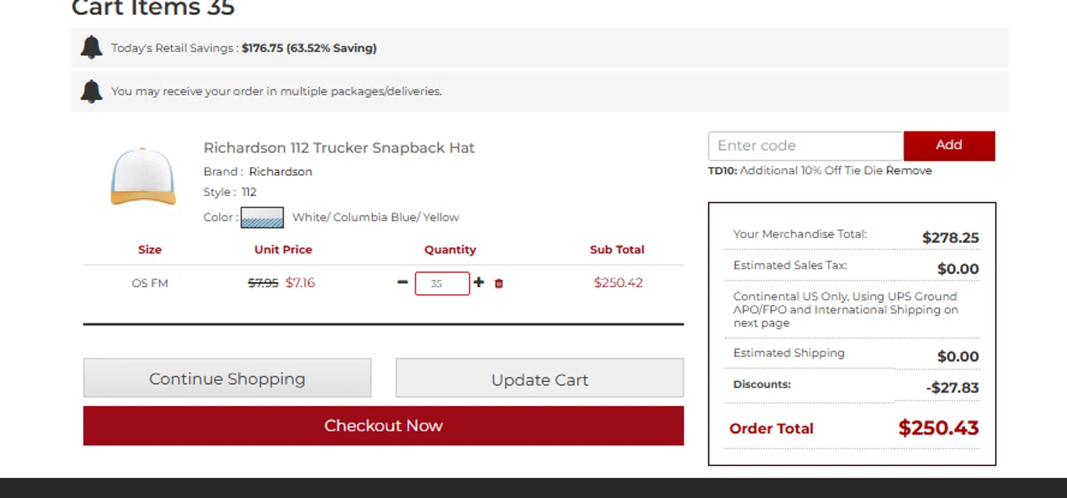 Apparelbus discount code screenshot showing code TD10 applied at Apparelbus checkout page. Uploaded by SimplyCodes community member CouponLion324 on Jun 1, 2025