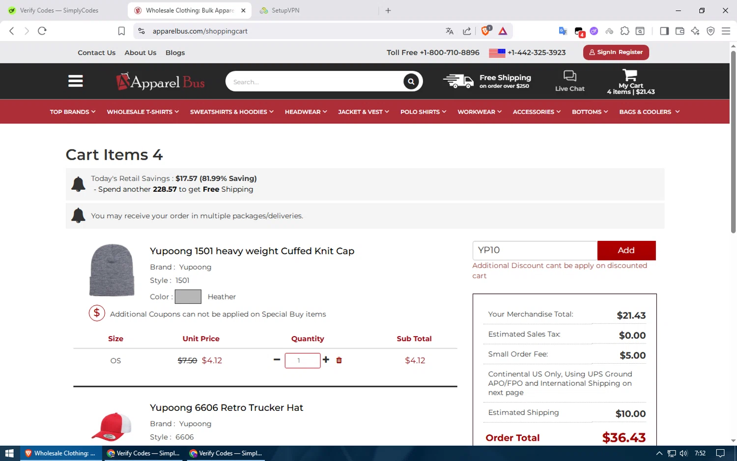 Apparelbus discount code screenshot showing code YP10 applied at Apparelbus checkout page. Uploaded by SimplyCodes community member usuario500 on Nov 30, 2025