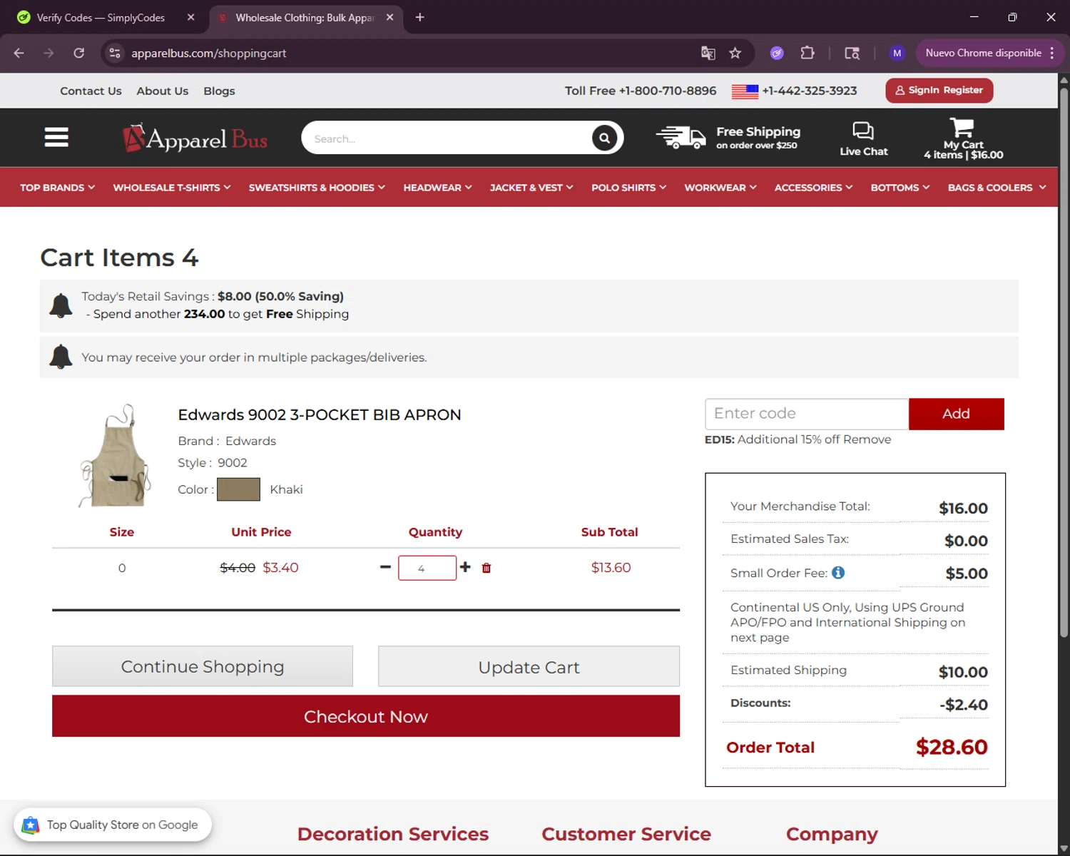 Apparelbus discount code screenshot showing code ED15 applied at Apparelbus checkout page. Uploaded by SimplyCodes community member RewardLynx5307 on Dec 16, 2025