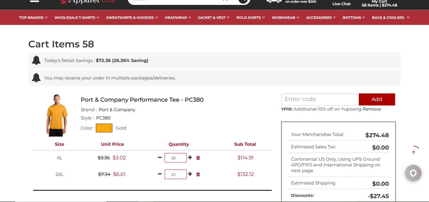 Apparelbus discount code screenshot showing code YP10 applied at Apparelbus checkout page. Uploaded by SimplyCodes community member juanisaac on Oct 3, 2025