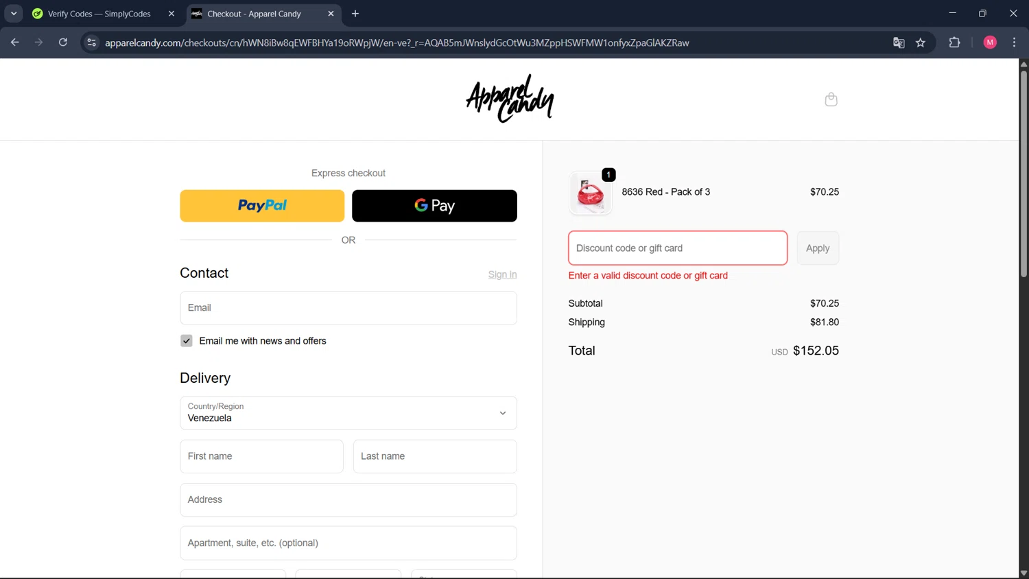 Apparel Candy promo code screenshot showing code APPARELSPRING2022 applied at Apparel Candy checkout page. Uploaded by SimplyCodes community member ValueCollector4159 on Feb 12, 2026