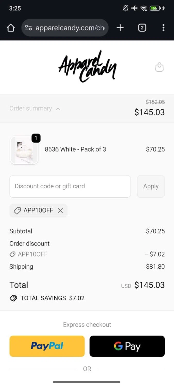 Apparel Candy promo code screenshot showing code app10off applied at Apparel Candy checkout page. Uploaded by SimplyCodes community member RoyalSpotter5217 on Feb 12, 2026