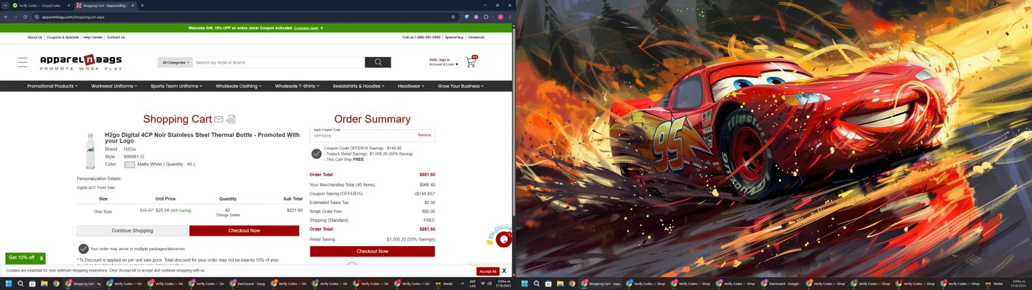 ApparelnBags.com promo code screenshot showing code OFFER15 applied at ApparelnBags.com checkout page. Uploaded by SimplyCodes community member TreasureWarden457 on Jun 17, 2025