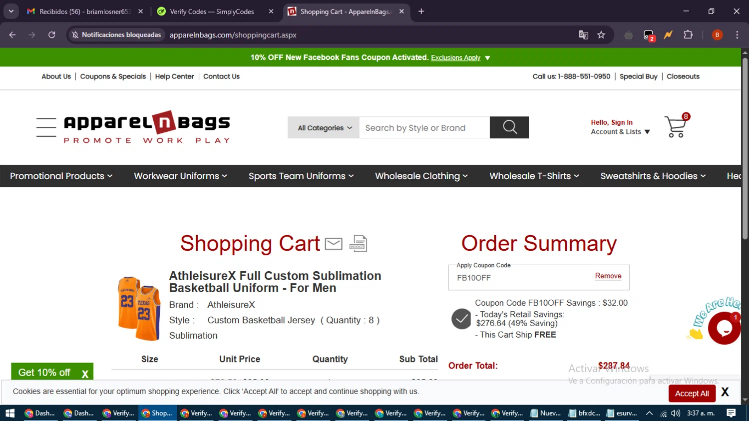 ApparelnBags.com promo code screenshot showing code FB10OFF applied at ApparelnBags.com checkout page. Uploaded by SimplyCodes community member DiscountExpert6435 on May 9, 2025