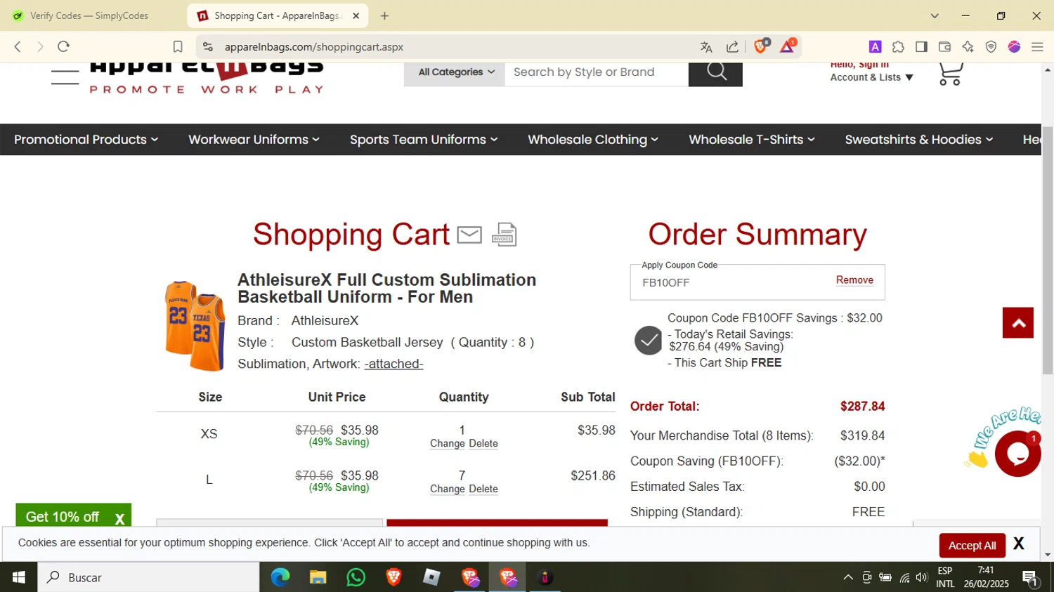 ApparelnBags.com promo code screenshot showing code FB10OFF applied at ApparelnBags.com checkout page. Uploaded by SimplyCodes community member underwater on Feb 26, 2025
