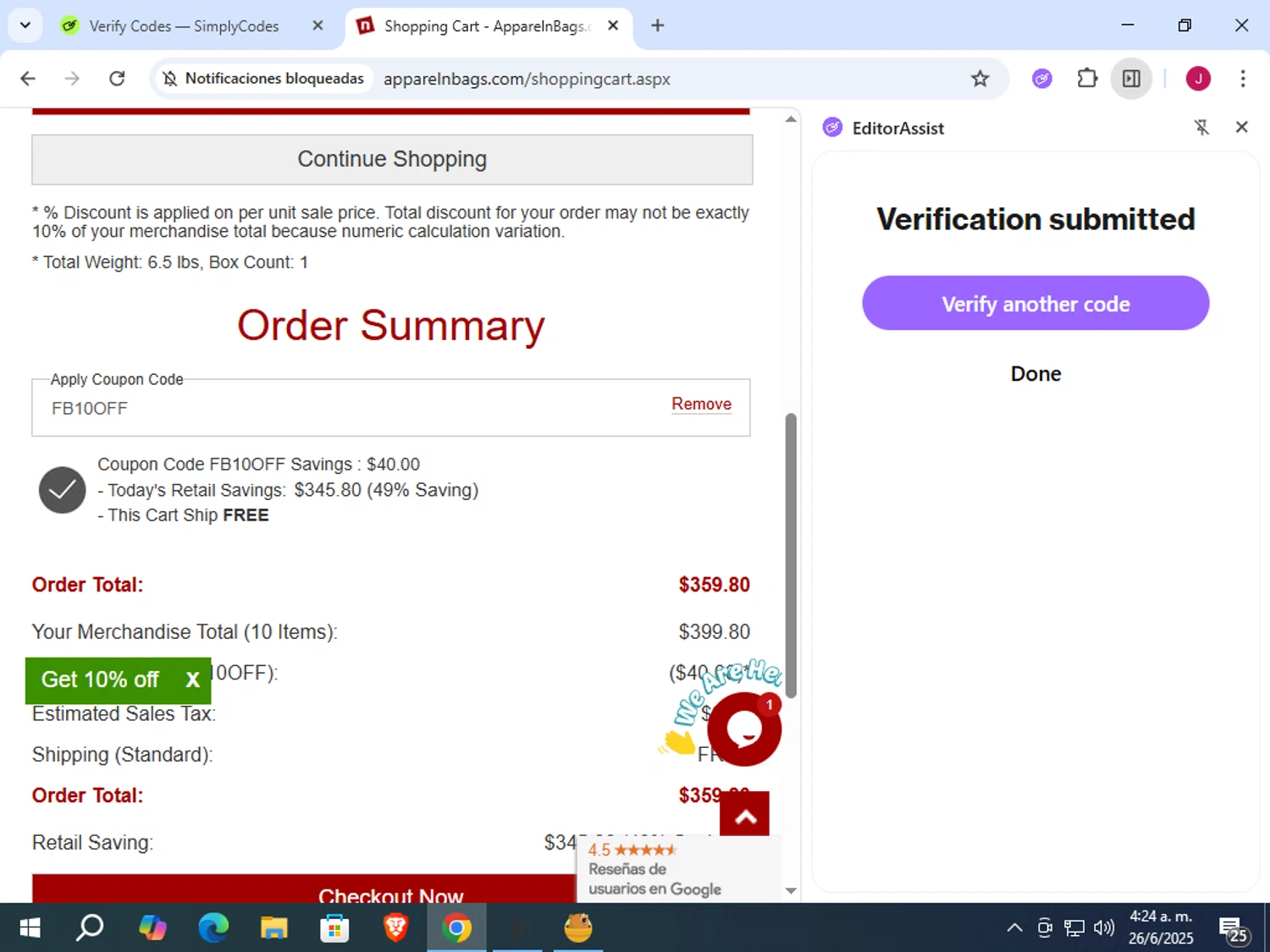 ApparelnBags.com promo code screenshot showing code FB10OFF applied at ApparelnBags.com checkout page. Uploaded by SimplyCodes community member vergil_lains on Jun 26, 2025