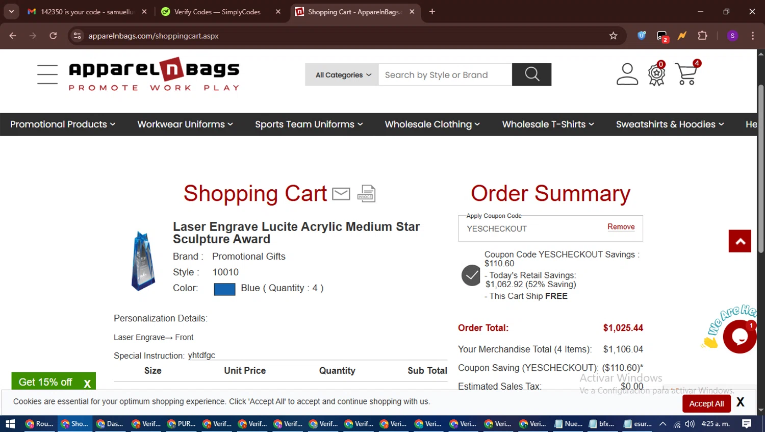 ApparelnBags.com promo code screenshot showing code YESCHECKOUT applied at ApparelnBags.com checkout page. Uploaded by SimplyCodes community member ShieldWarden7838 on Jun 26, 2025
