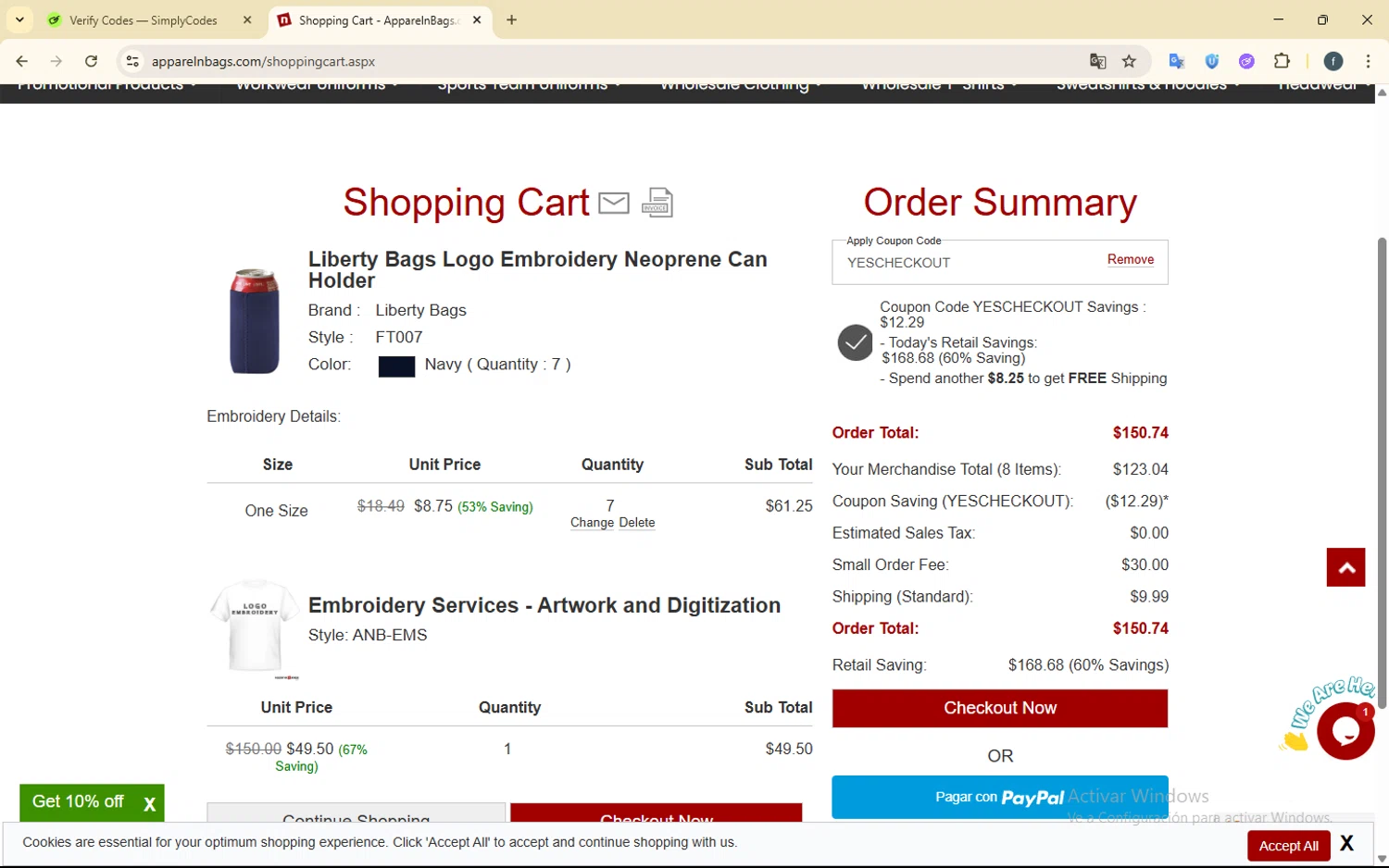 ApparelnBags.com promo code screenshot showing code YESCHECKOUT applied at ApparelnBags.com checkout page. Uploaded by SimplyCodes community member SmartElite7457 on Jun 17, 2025